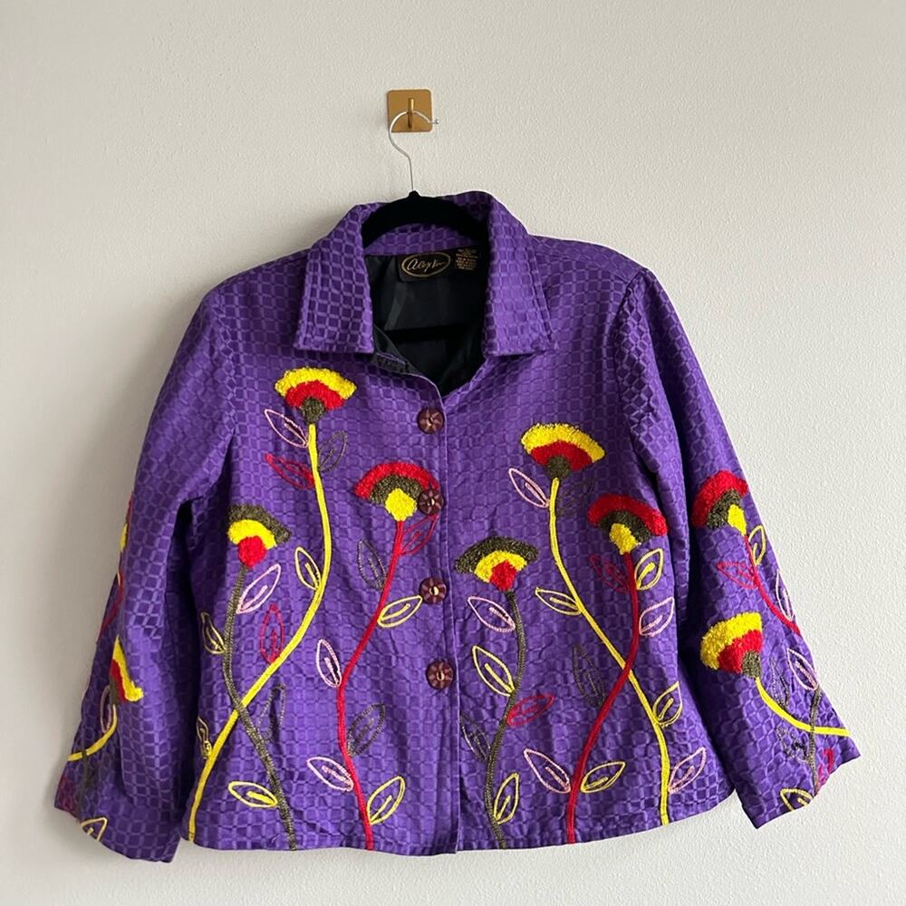 Vintage Alex Kim Purple Embroidered Jacket Floral, Boho, Artsy, Festival Size S